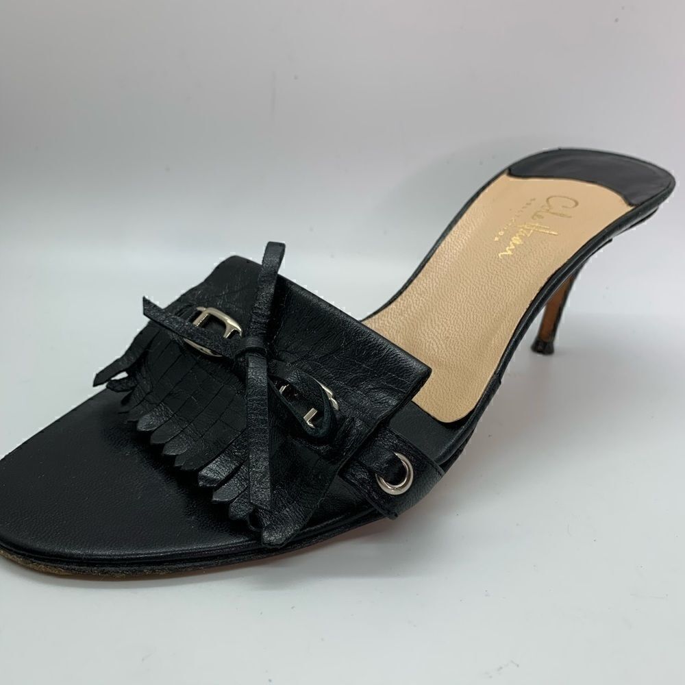 Cole Haan Black Leather fringe slides open toe